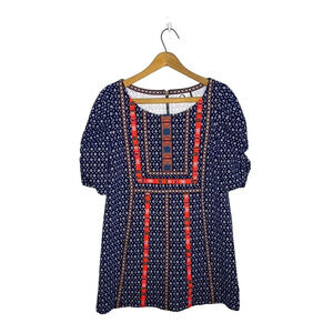 AKEMI + KIN Anthropologie Seva Embroidered Boho Tribal Navy Blue Tunic Blouse